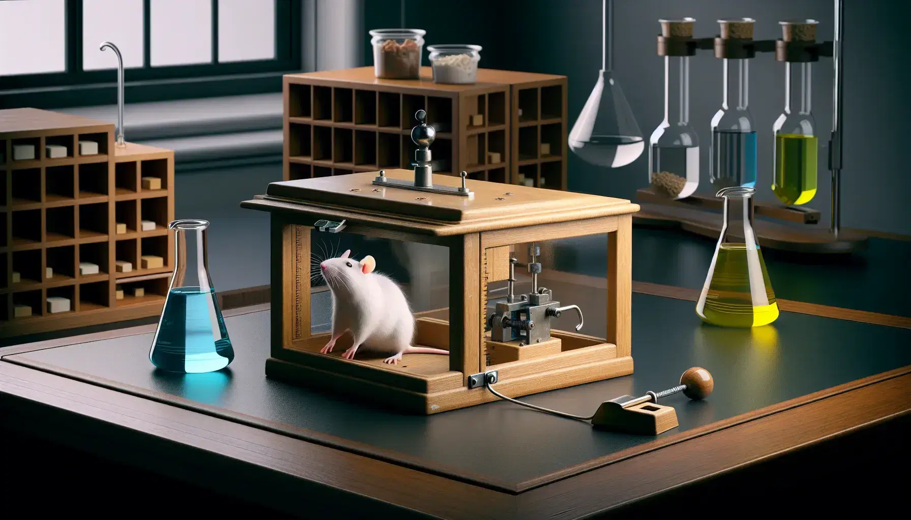 Behavioral psychology laboratory with white rat pressing a lever in a Skinner box and colorful beakers on gray table.