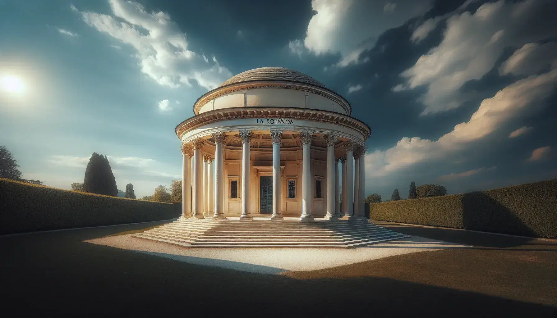 Villa La Rotonda di Andrea Palladio con prato verde, colonne ioniche e cupola visibile, sotto un cielo azzurro con nuvole sparse.