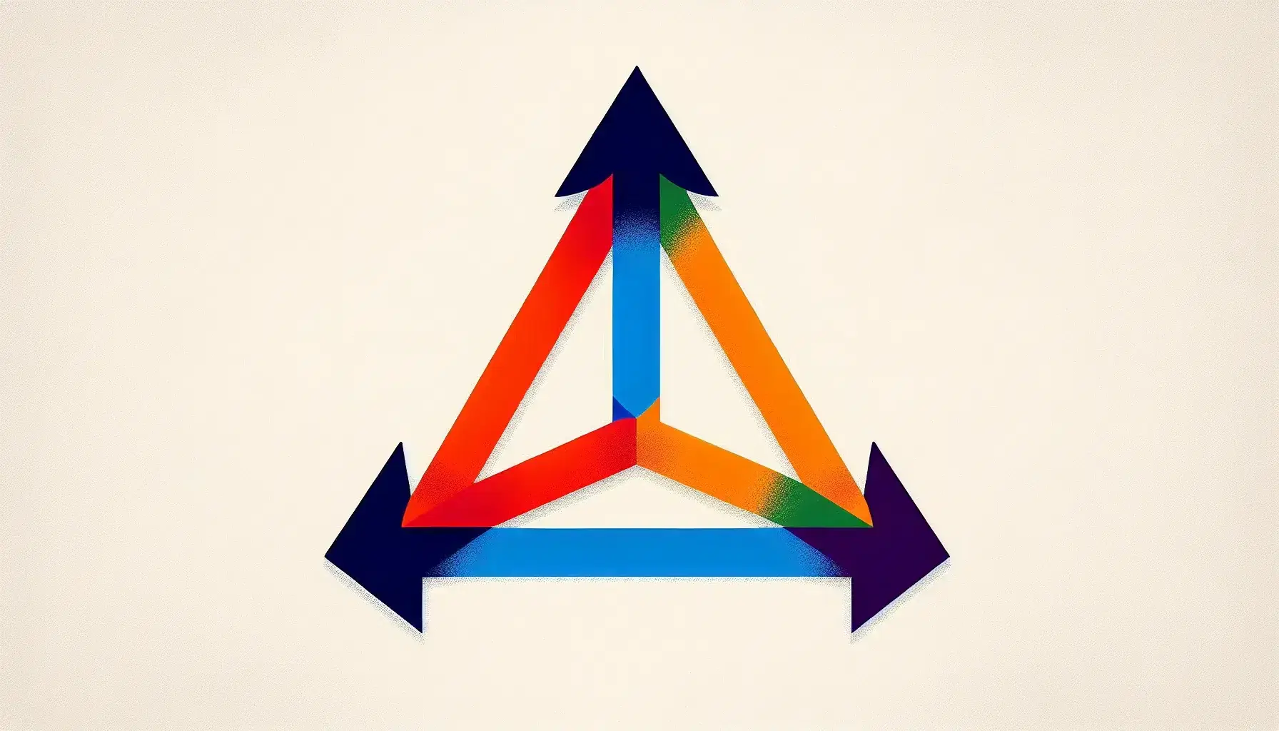 Colorful arrows in two sets on a white background, with a red, blue, and green triangle formation and an overlapping orange and purple pair with a resultant yellow arrow.