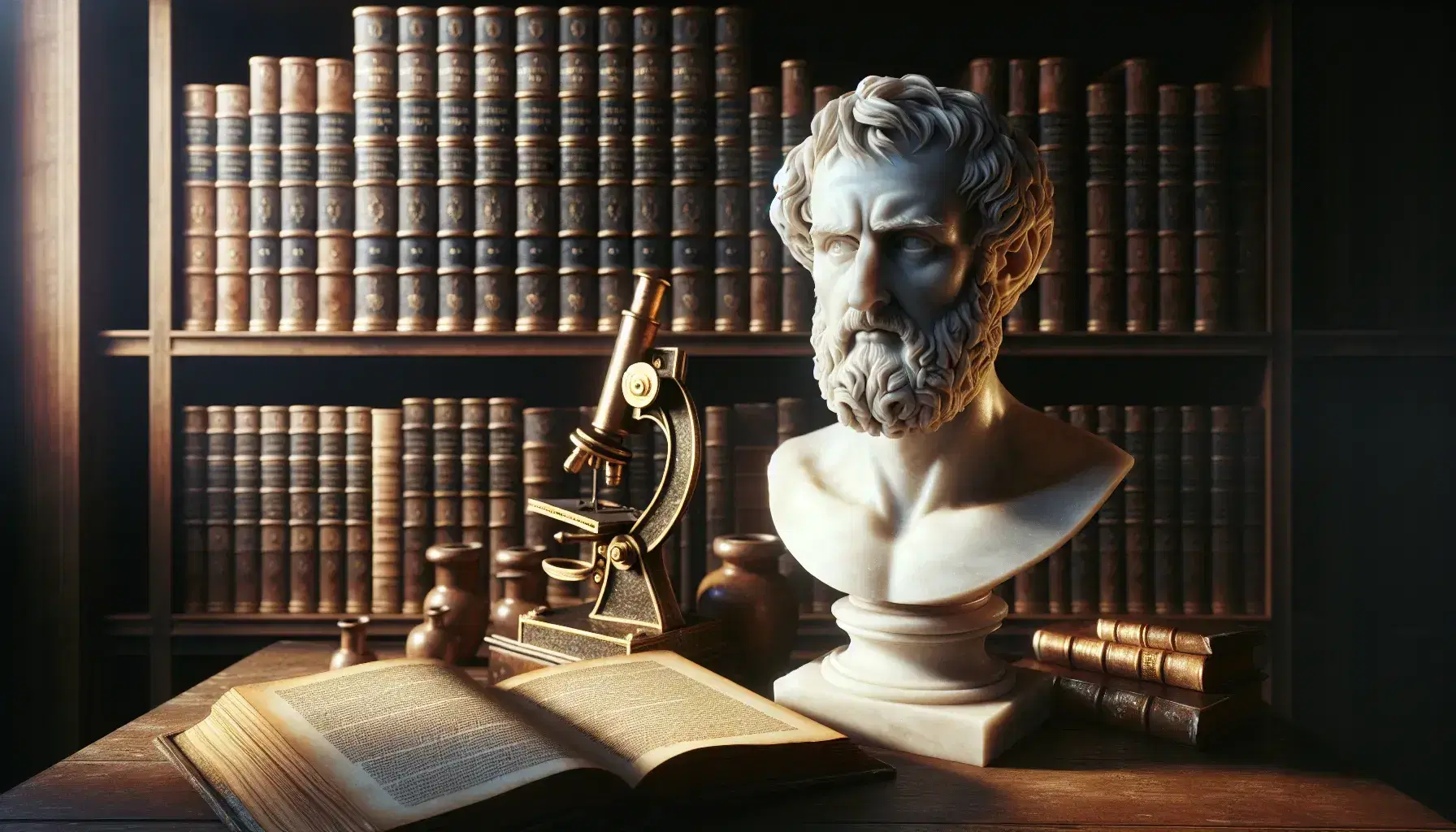 Busto in marmo bianco di filosofo celebre con barba corta e fronte alta, accanto a microscopio antico in ottone su sfondo sfocato di libreria.