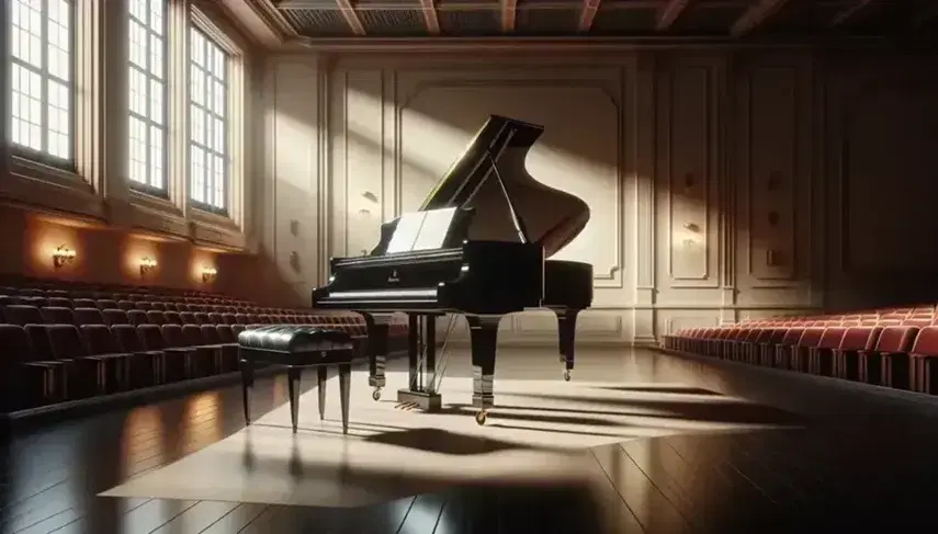 Pianoforte a coda nero lucido al centro di una sala concerti vuota con pareti crema, pavimento in legno scuro e sedili rossi.