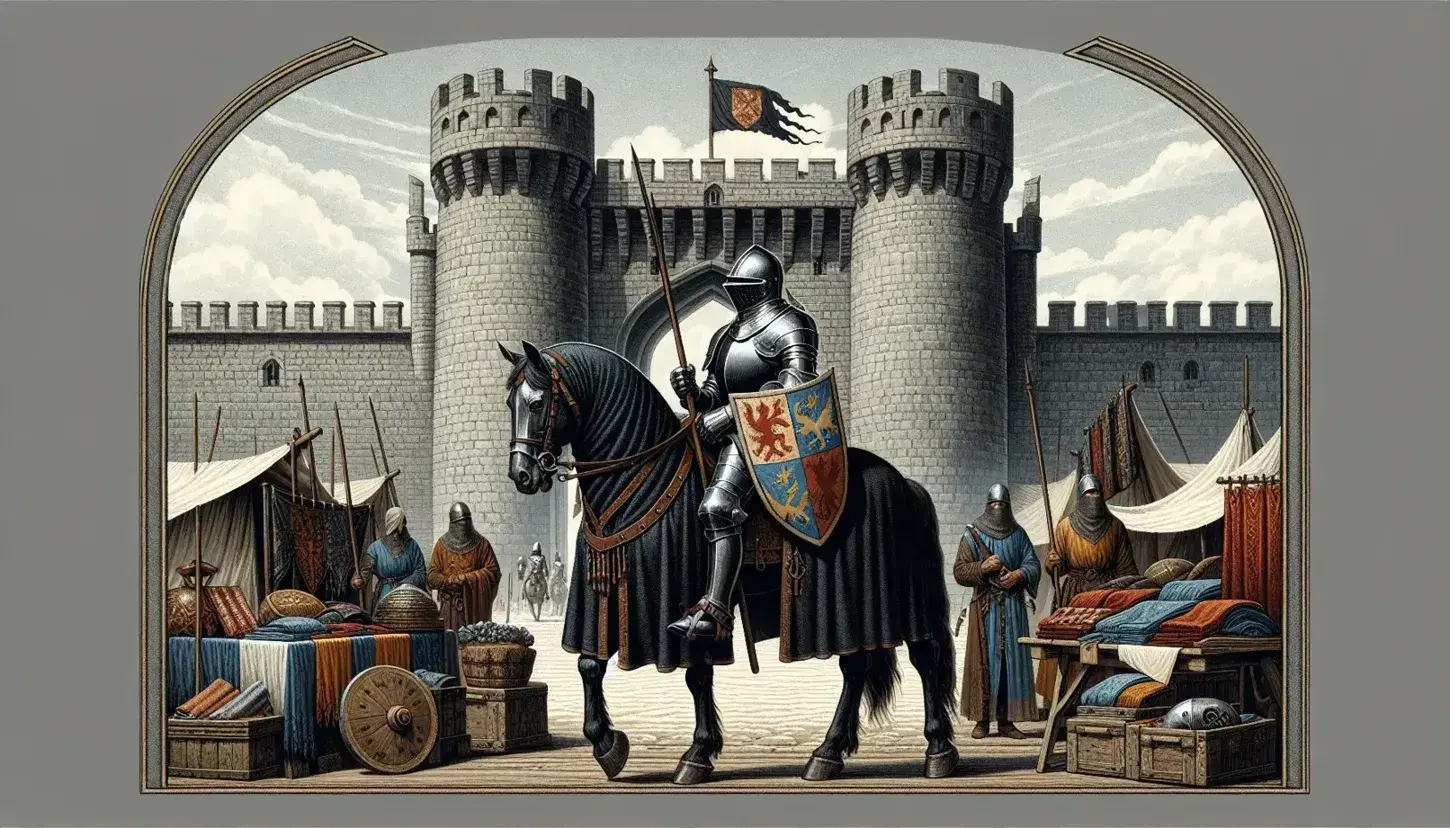 Caballero medieval a caballo con lanza y escudo ante un castillo, con mercaderes y productos en una mesa, bajo un cielo azul.