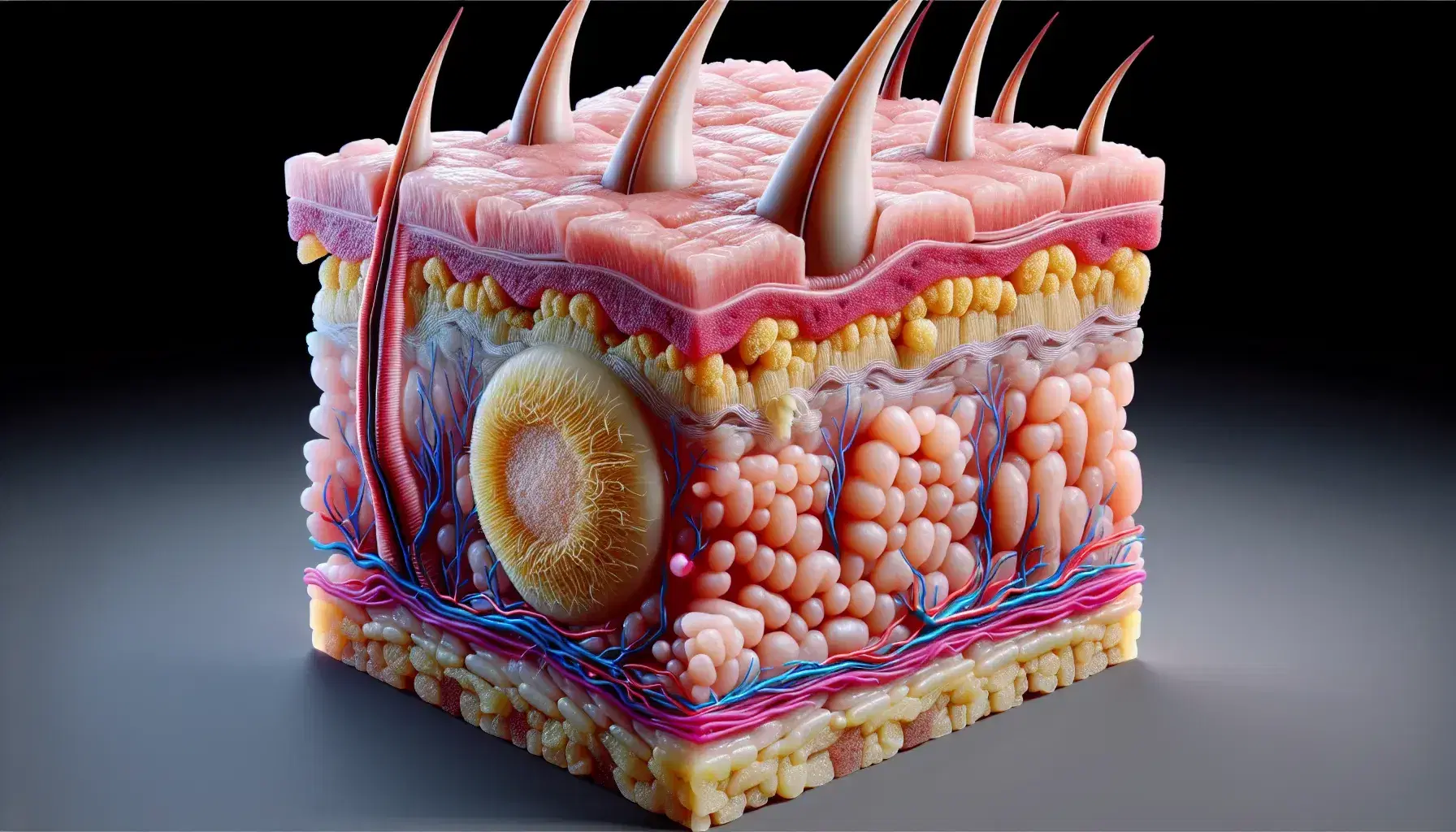 Struttura tridimensionale della pelle umana con epidermide rosa pallido, derma rosa denso, follicoli gialli, ipoderma giallo e vasi sanguigni.