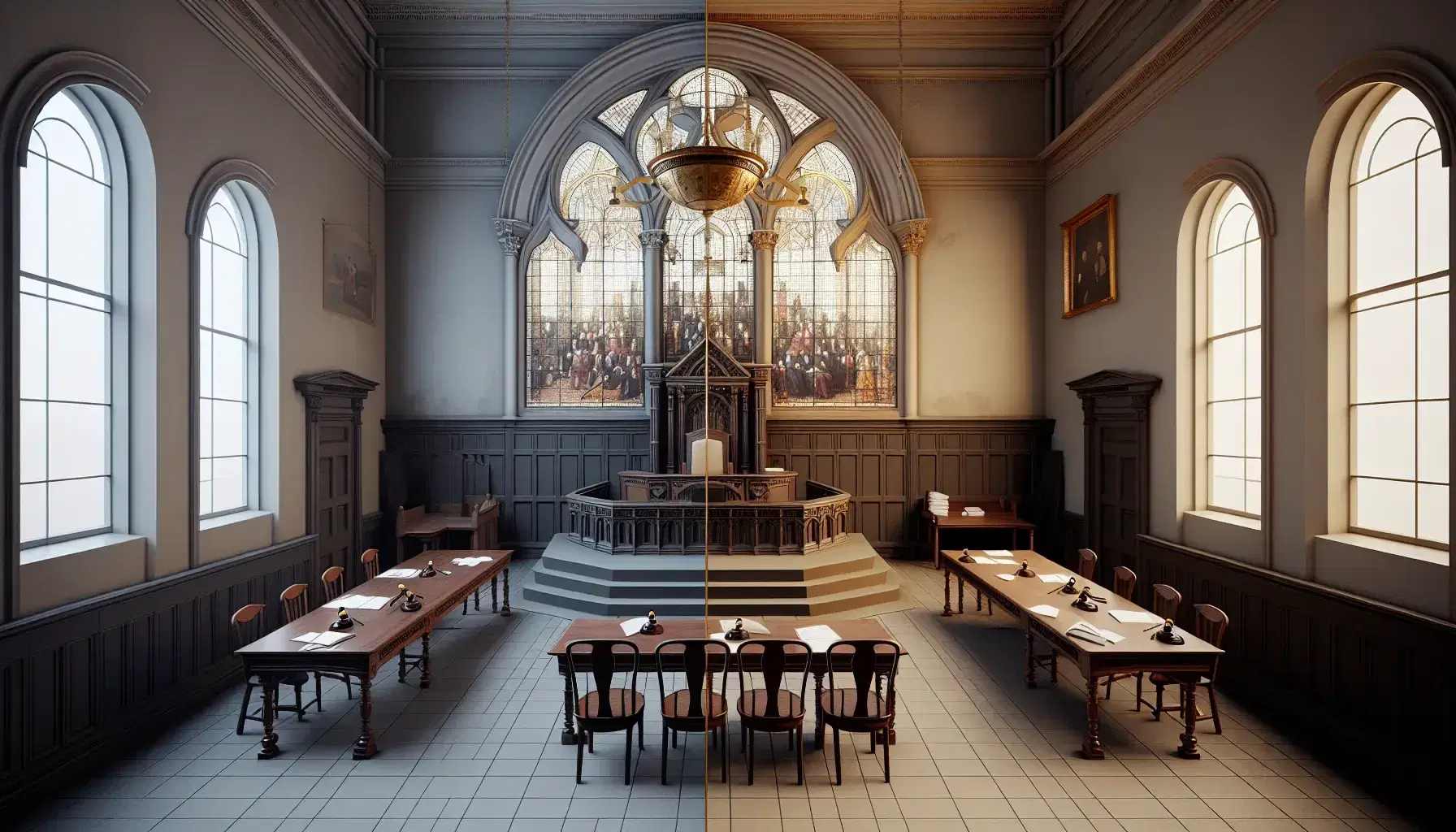 Split-view interior contrasting a secular courtroom with judge's bench and legal tables against an ornate ecclesiastical court with stained glass and vaulted ceiling.