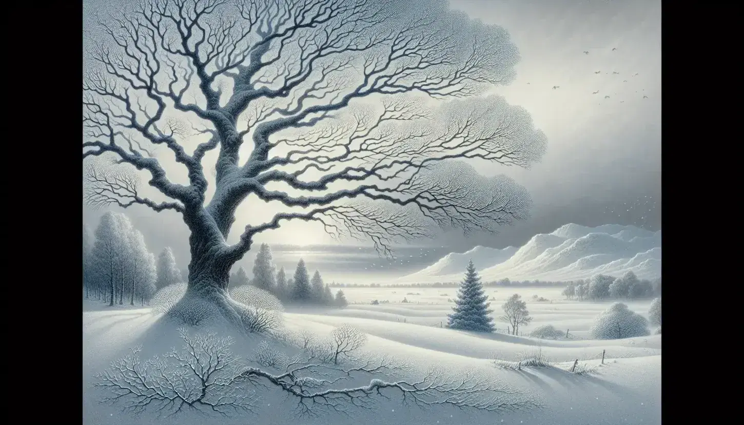 Serene winter landscape with bare tree in the foreground, pure snow and falling snowflakes, snow-capped mountains in the background under overcast sky.