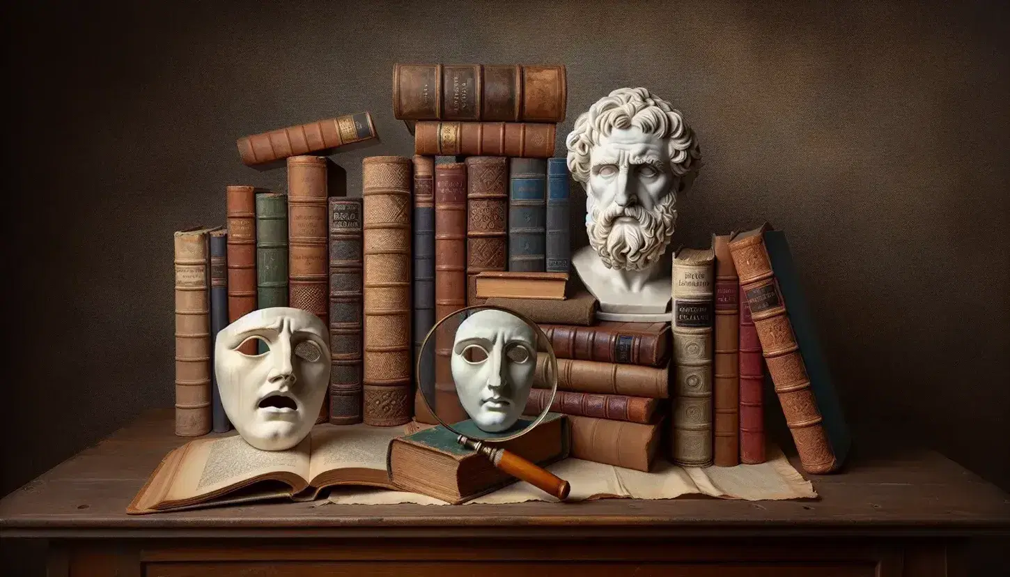 Busto in marmo bianco di filosofo del XIX secolo su piedistallo in legno scuro, maschera greca drammatica su libro in pelle marrone, libri sfondo, lente d'ingrandimento.