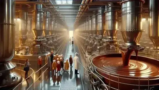 Interno di una fabbrica di cioccolato con macchinari in acciaio, linea di montaggio di tavolette incartate e visitatori guidati.