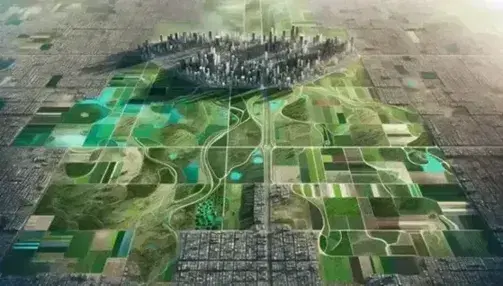 Vista aérea de paisaje mixto con campos agrícolas verdes, área urbana con edificios de distintas alturas y espacios verdes, bajo iluminación natural diurna.