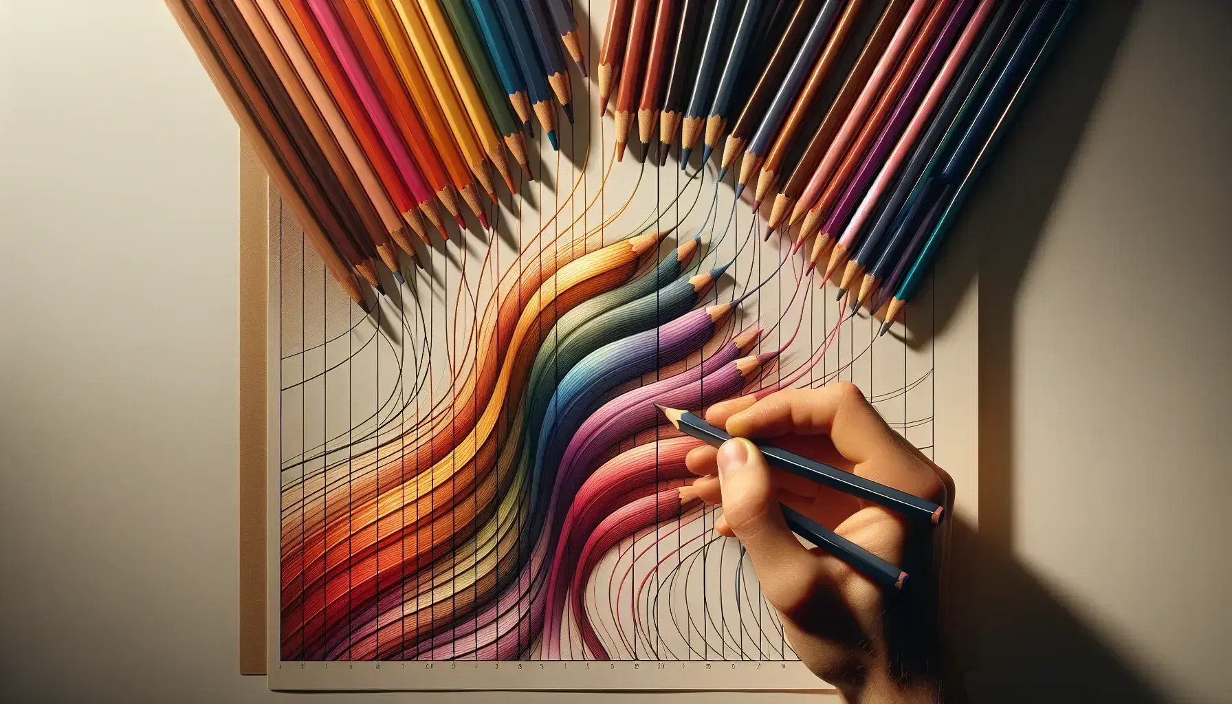Mano seleccionando lápices de colores de una gama que incluye tonos cálidos y fríos sobre papel con trazos curvos, sugiriendo el inicio de un mapa mental.