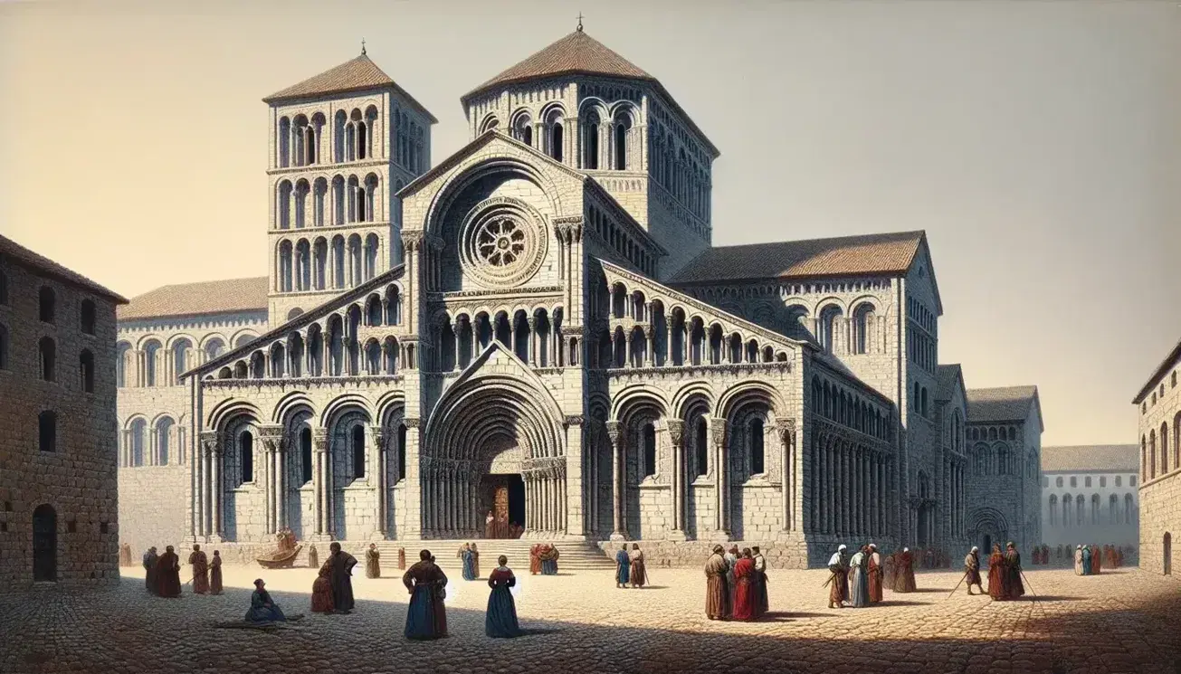 Cattedrale romanica in pietra con portale ad arco, torri gemelle e piazza con figure medievali sotto un cielo azzurro.
