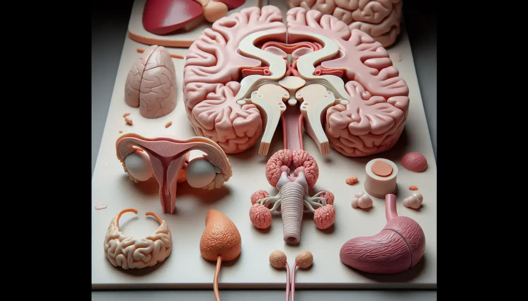 Modelos anatómicos detallados de órganos humanos incluyendo cerebro, tiroides, paratiroides, suprarrenales, páncreas y tráquea sobre fondo neutro.