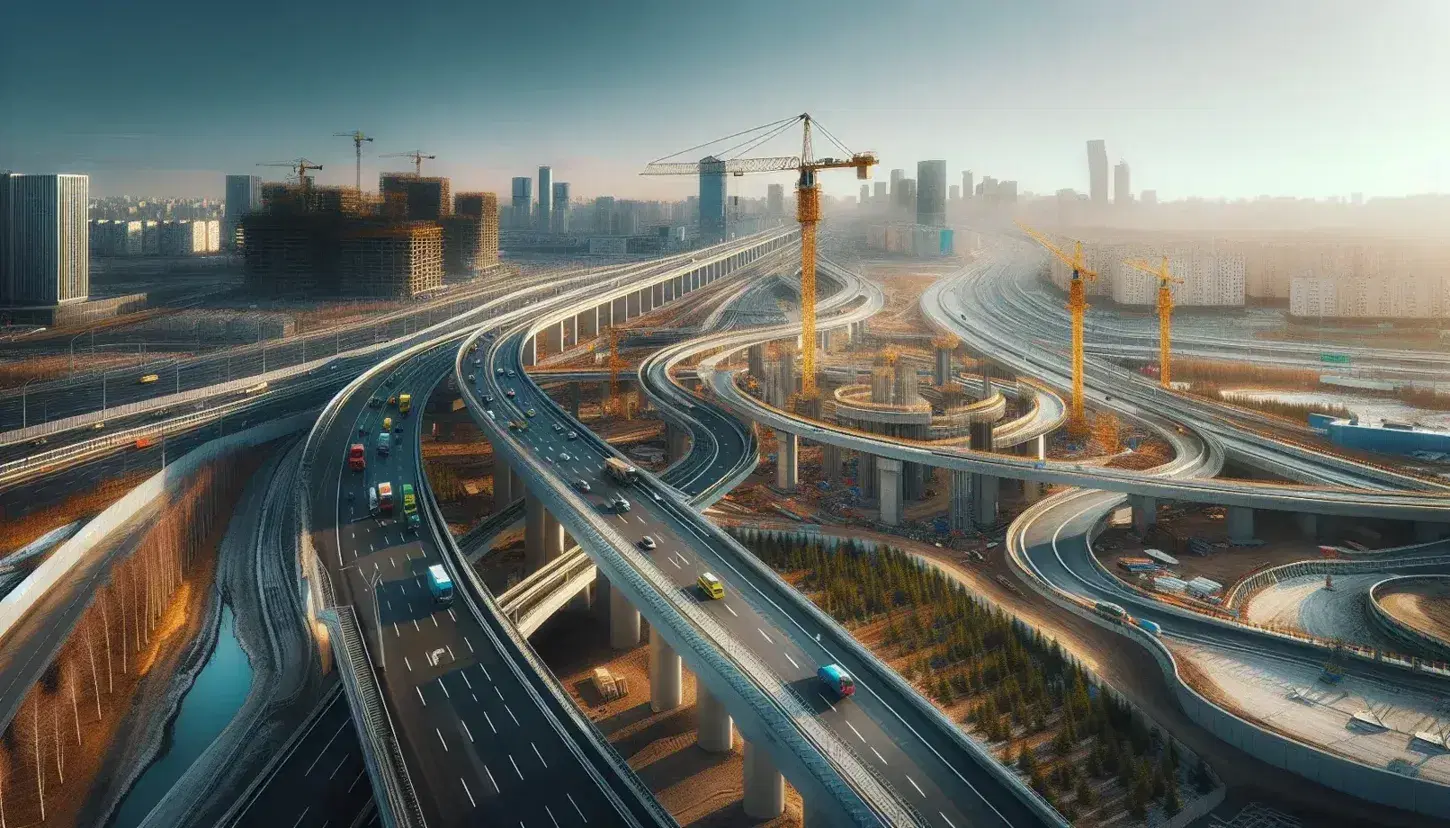 Vista aérea de autopista urbana con múltiples carriles y vehículos en movimiento, junto a obras de construcción de un puente y grúas amarillas, en un día soleado.