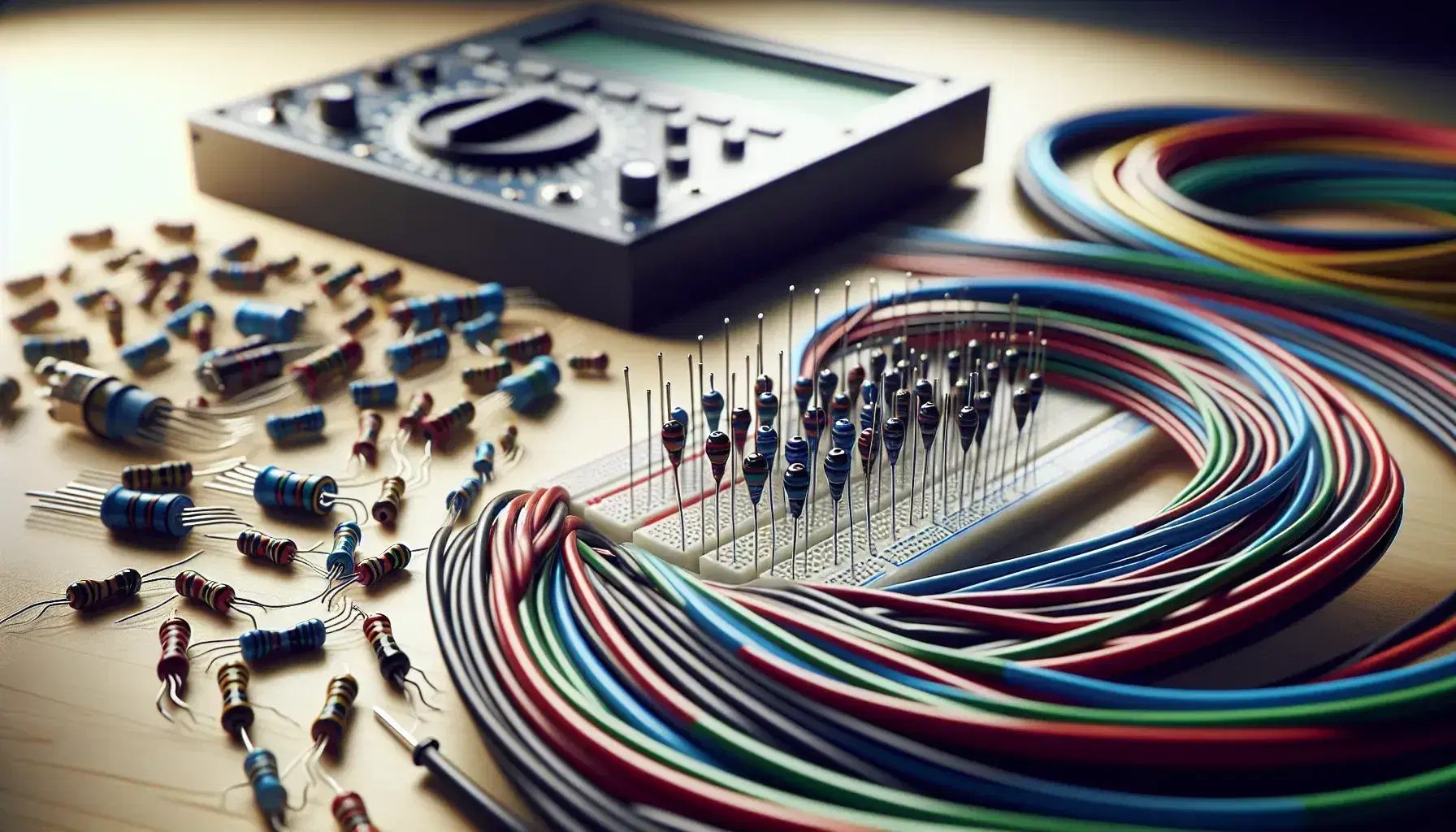 Assortimento di fili conduttori colorati e componenti elettronici su breadboard con multimeter sfocato sullo sfondo.