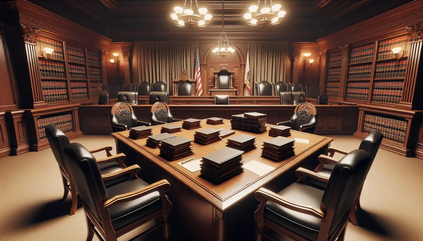 Sala de tribunal con mesa central de madera oscura, sillas a juego, estrado del juez y banderas unicolores, iluminada por lámparas de techo.