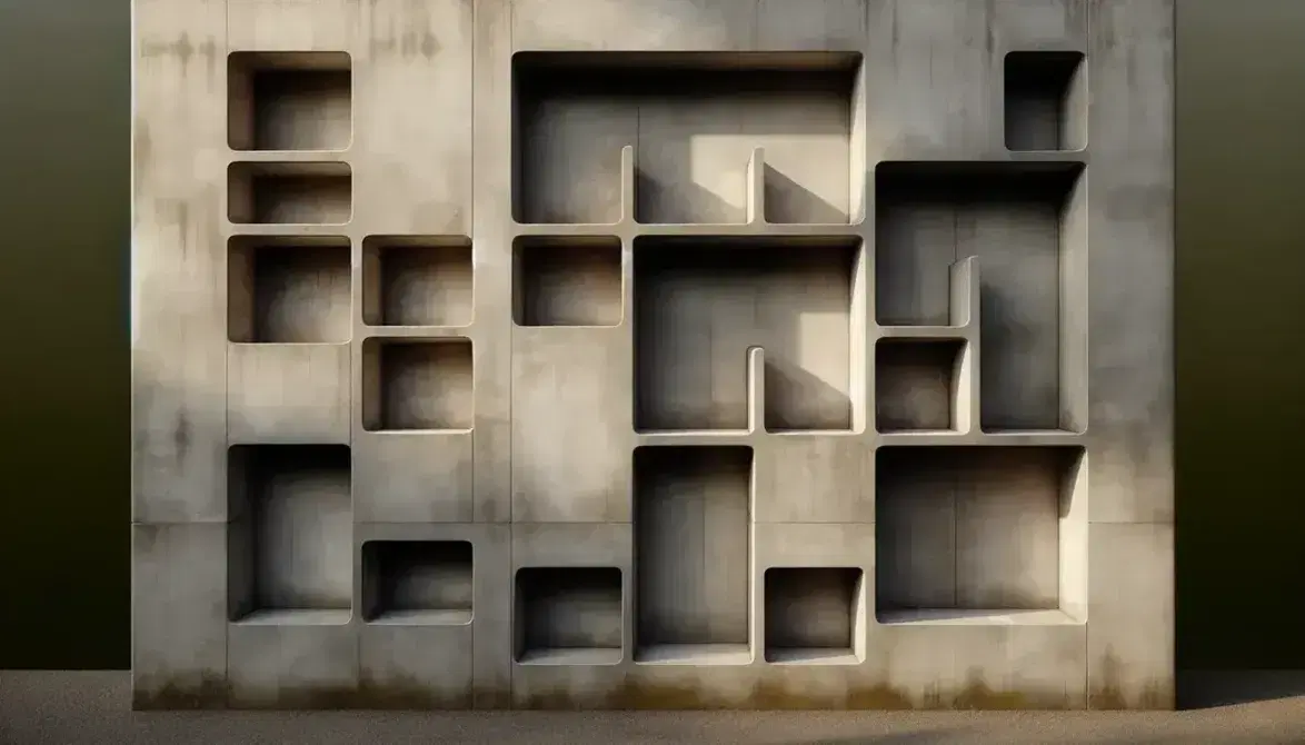 Close-up of an aged concrete wall with empty rectangular niches, discoloration and moss, illuminated by natural light.