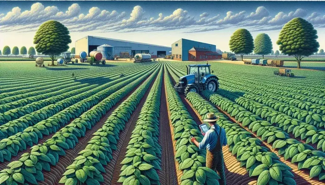 Campo agricolo con filari di piante verdi, agricoltore con dispositivo tecnologico, trattore blu e alberi da frutto, sotto un cielo sereno.