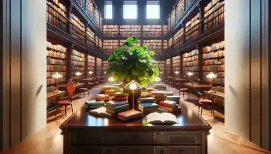 Biblioteca tranquilla con scrivania in legno, libri colorati, scaffali pieni, lampade da tavolo, pianta verde e sedia con cuscino rosso.