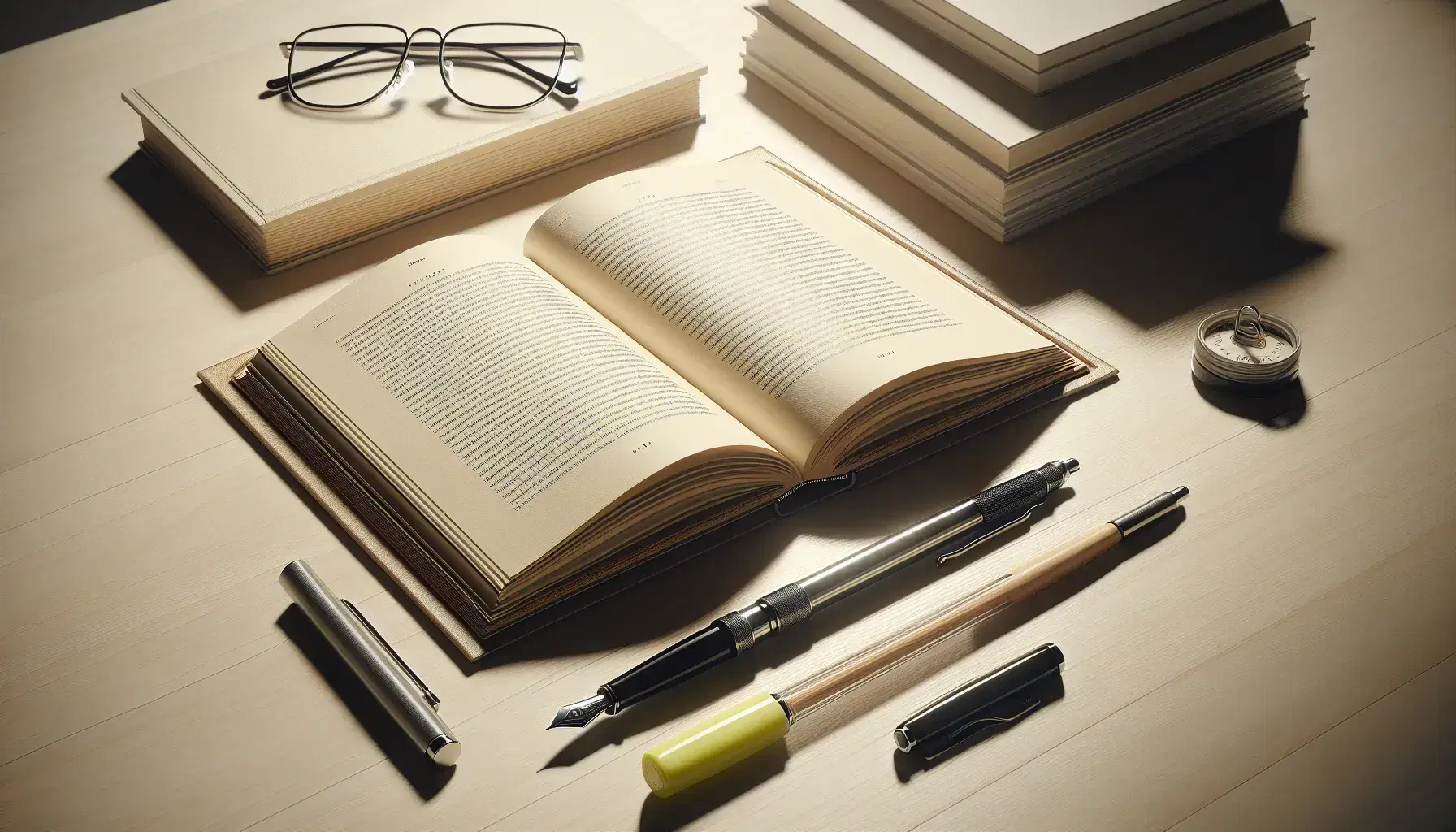 Scrivania in legno chiaro con libro aperto, penna stilografica nera, evidenziatore giallo, occhiali e pianta verde sfocata sullo sfondo.