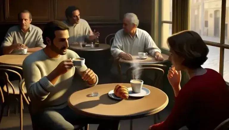 Traditional French café scene with a polished wooden table featuring a steaming coffee cup and flaky croissant, with two patrons engaged in conversation.