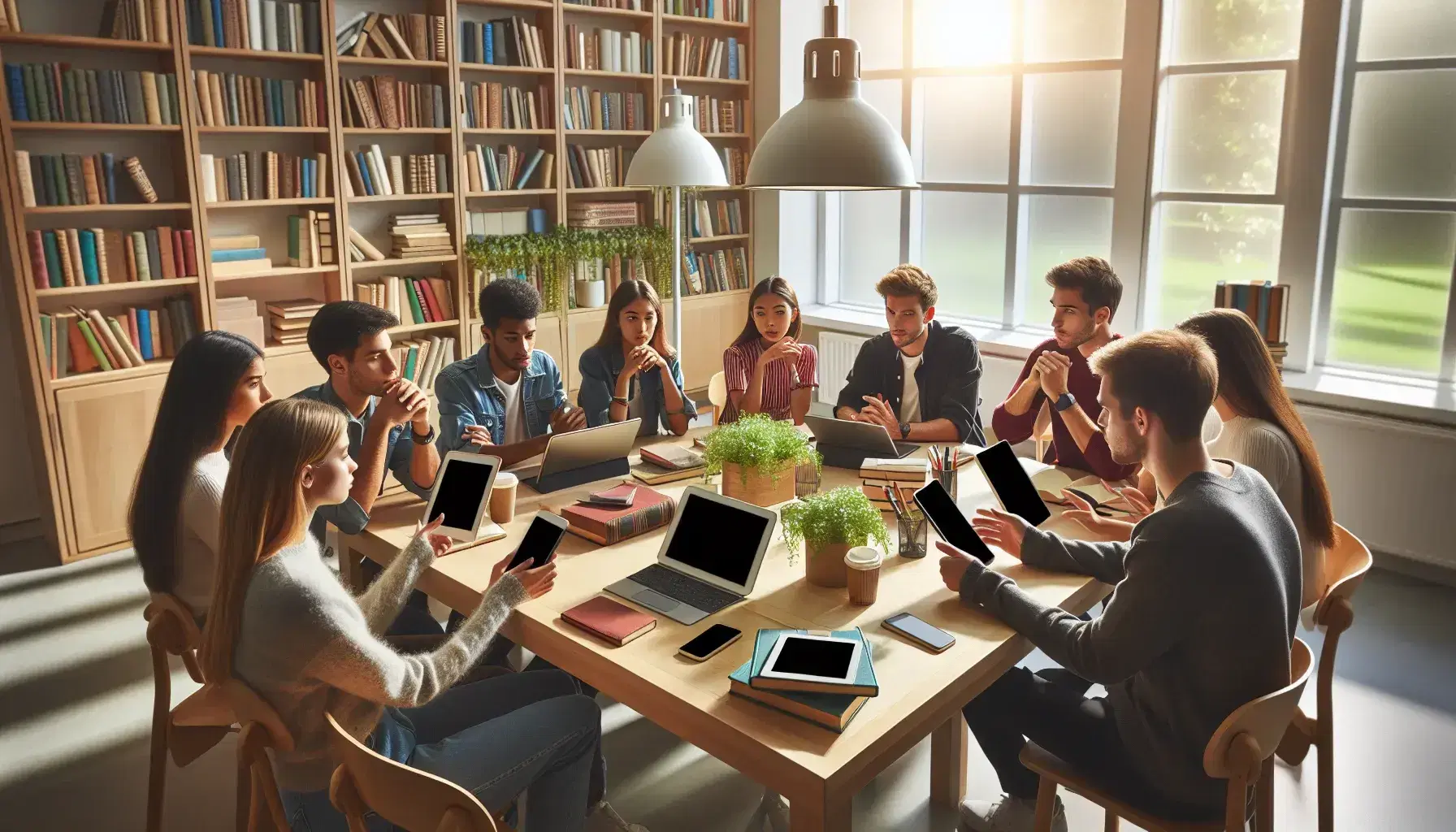 Estudiantes diversos en animada discusión en biblioteca con dispositivos electrónicos sobre mesa de madera y estantes llenos de libros.