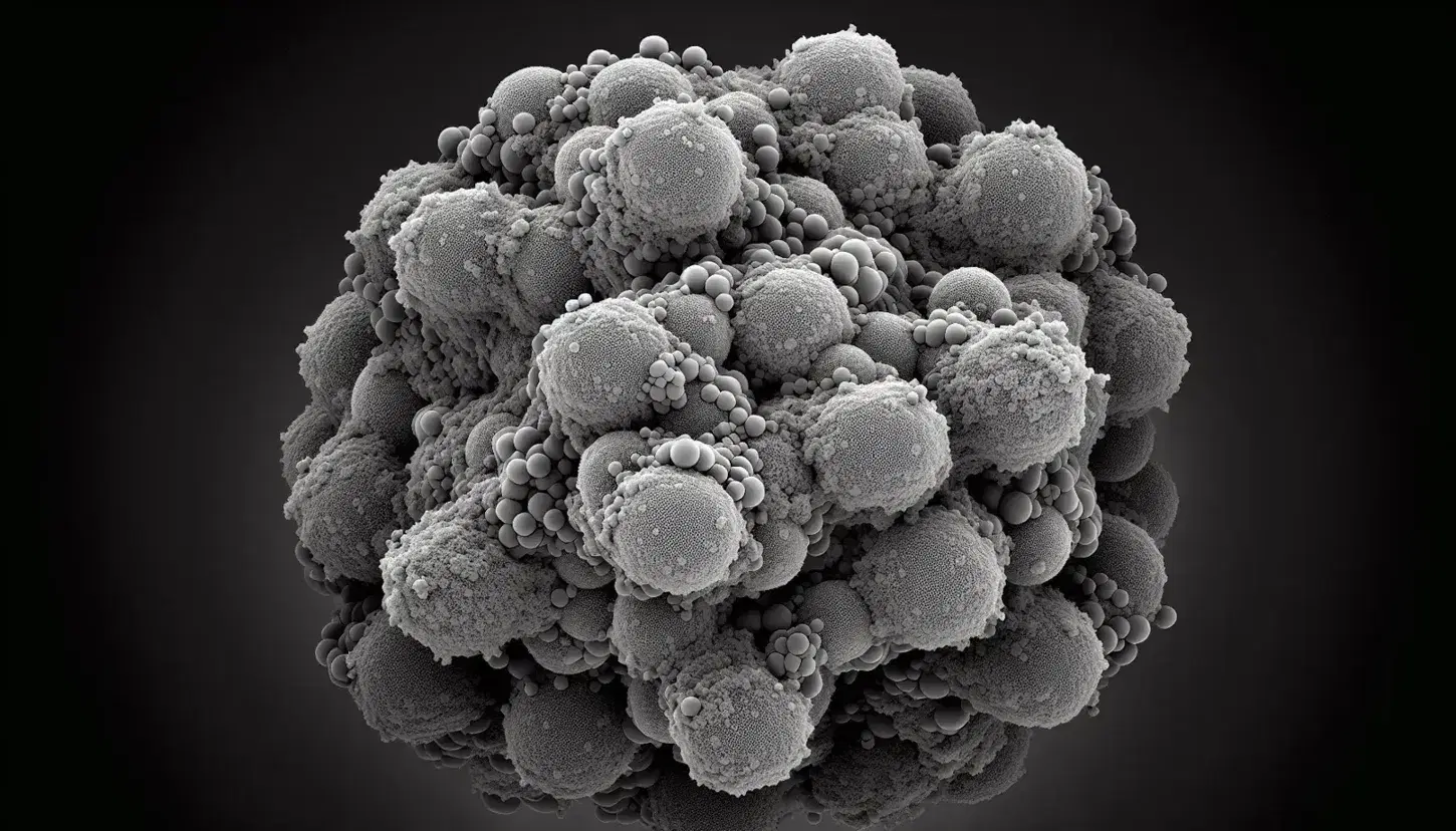 Micrografía electrónica de transmisión mostrando partículas coloidales nanométricas agrupadas en estructuras irregulares, suspendidas en medio líquido.