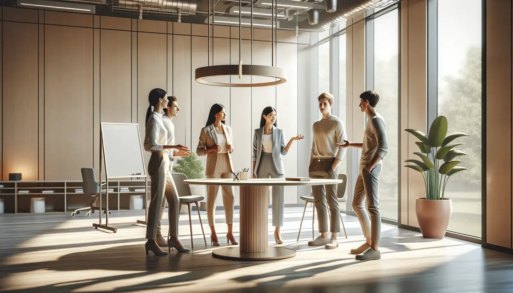 Grupo de cinco profesionales colaborando en una oficina moderna con mesa redonda, ventanales y planta decorativa.