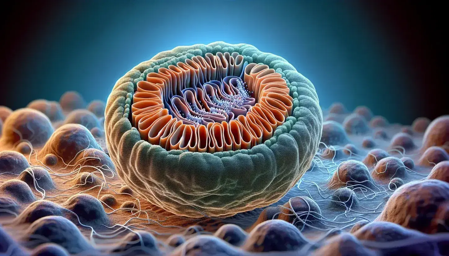 Detailed view of a mitochondrion with a smooth outer membrane and convoluted inner membrane forming cristae, set against a gradient blue cytoplasm.