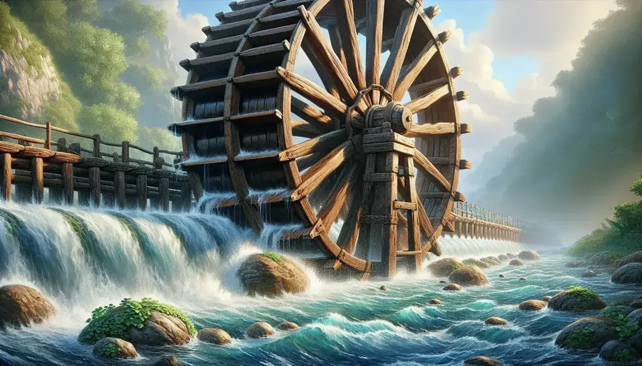 Ruota idraulica in legno su corso d'acqua cristallino con schiuma, circondata da vegetazione lussureggiante e cielo azzurro.