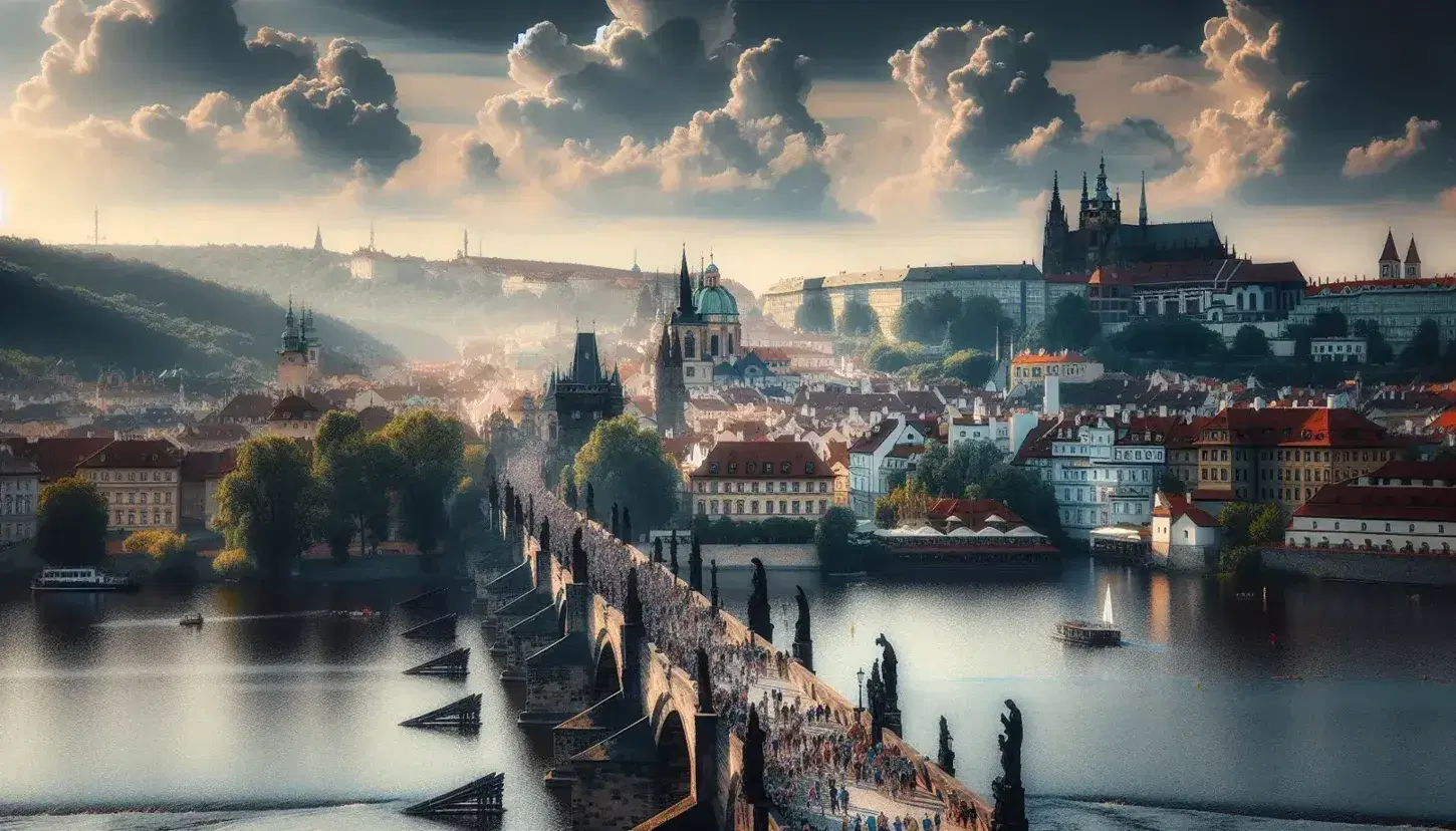 Veduta panoramica di Praga con il fiume Vltava, il Ponte Carlo affollato, tetti rossi della Città Vecchia e la Cattedrale di San Vito.