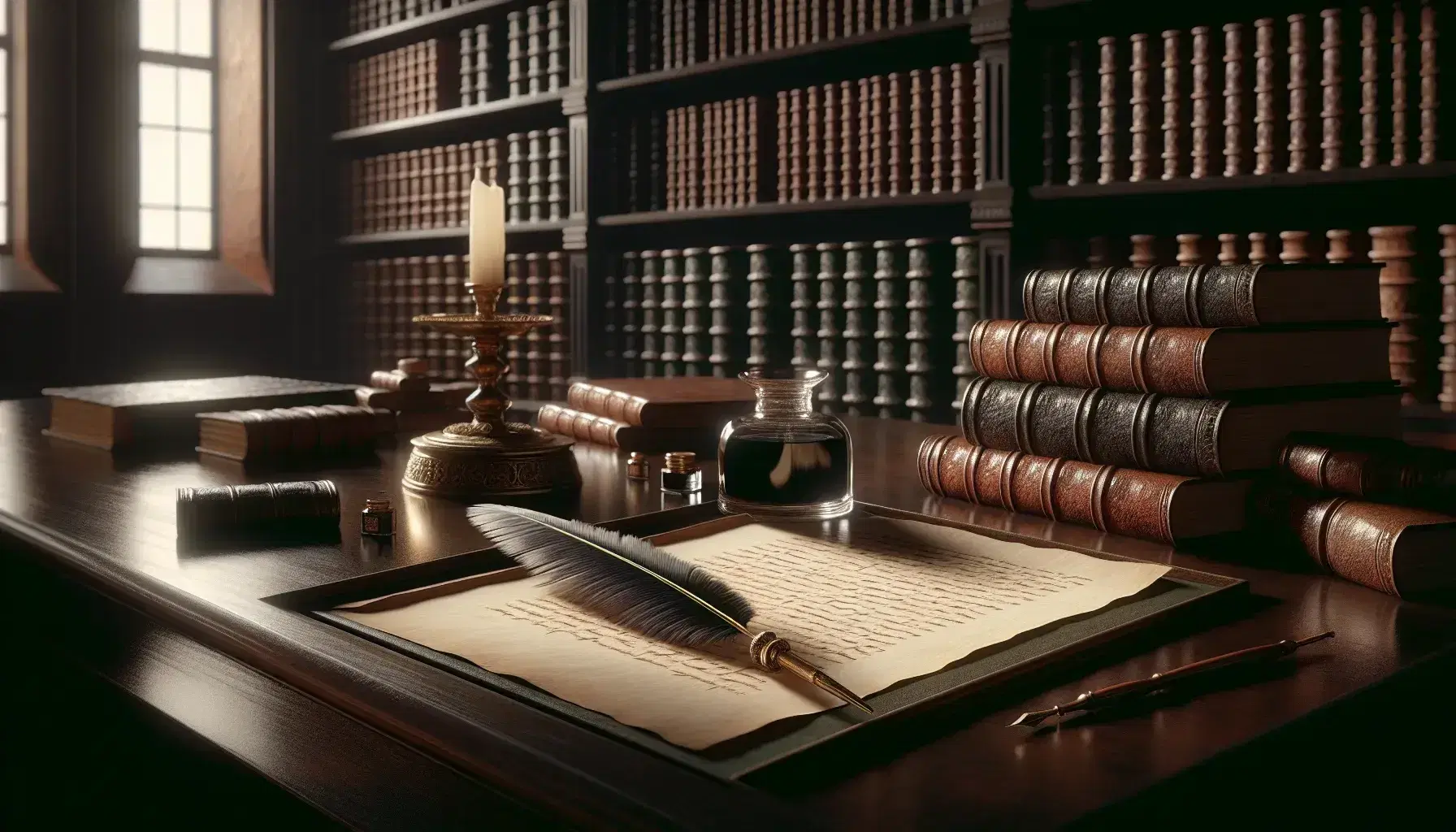 Scena di antica biblioteca con scrivania in legno scuro, calamaio in ottone, penna d'oca e libri rilegati su scaffali, senza testi visibili.