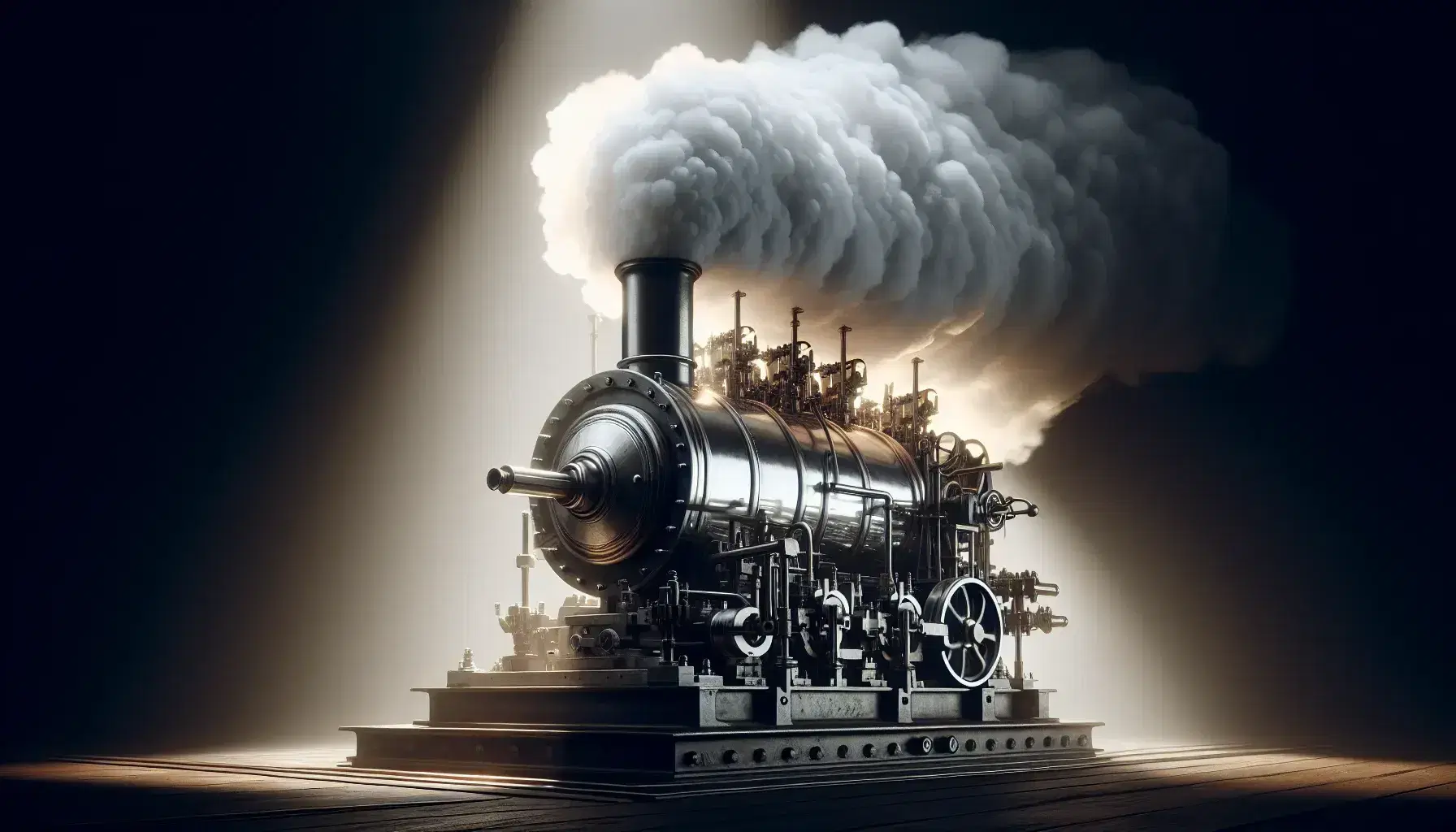 Steam engine in operation with reflective cylindrical boiler, moving pistons and white steam dispersing on gray blurred background.