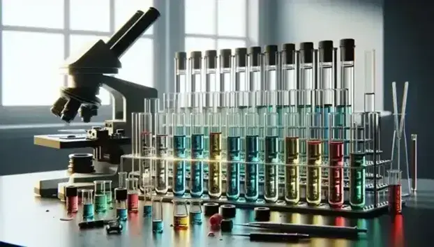 Serie di provette in vetro con tappi colorati e liquidi variopinti su banco laboratorio accanto a microscopio moderno, illuminazione naturale.