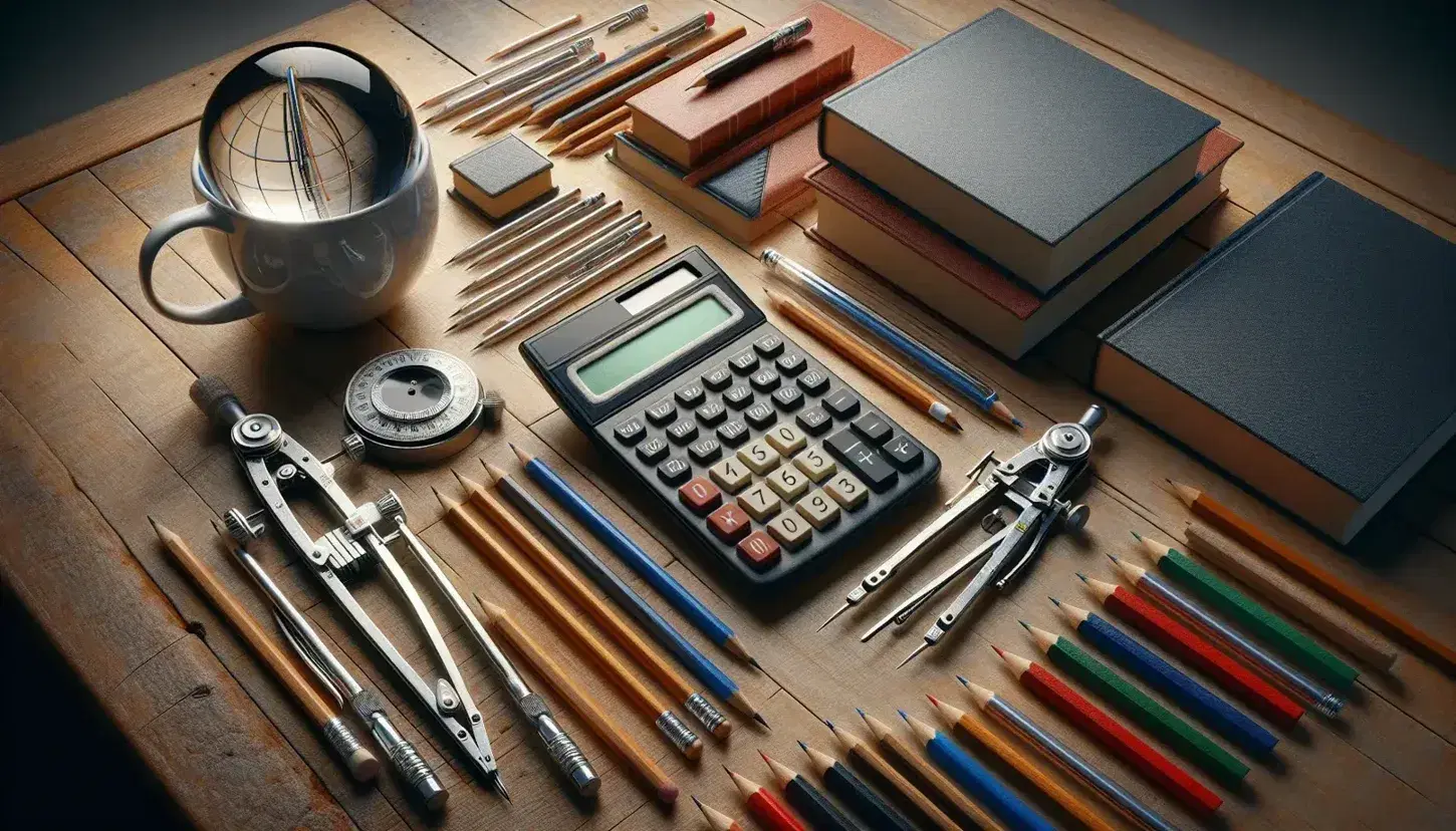 Organized wooden desk with calculator, glass paperweight, steel compasses, stacked textbooks, mug with writing utensils, eraser, sharpener, and office chair.