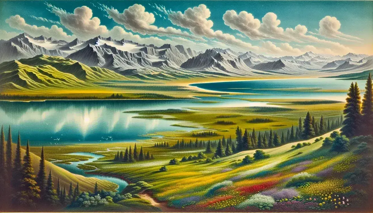 Paesaggio naturale con pianura verde, fiori selvatici colorati, lago riflettente, montagne innevate e costa visibile.