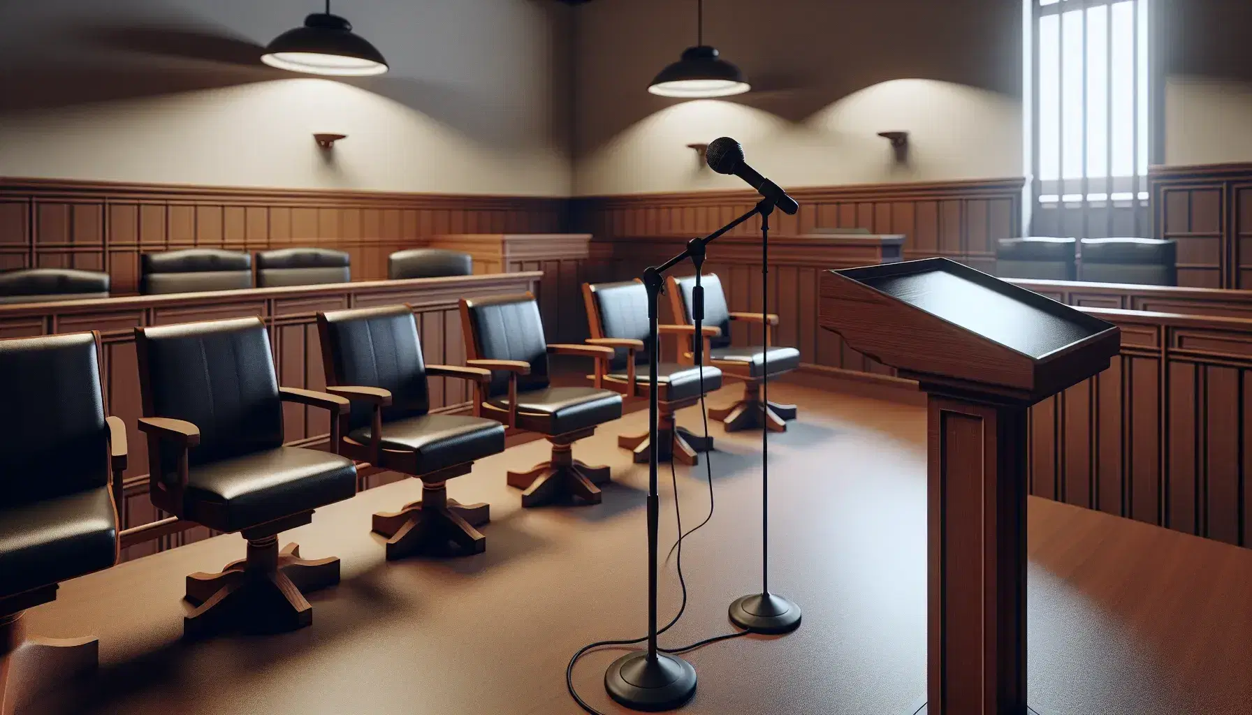 Empty courtroom with wooden witness stand, judge's desk with black leather chair, benches for audience and jury, soft lighting.
