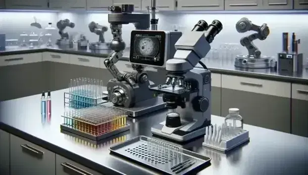 Laboratorio scientifico moderno con microscopio elettronico, provette colorate, braccio robotico e attrezzature per analisi chimiche.