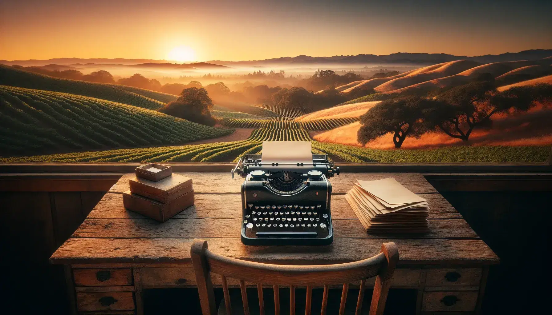 Rustic wooden desk with vintage typewriter and blank paper set against a Californian landscape during golden hour, with oak trees and a gradient sky.