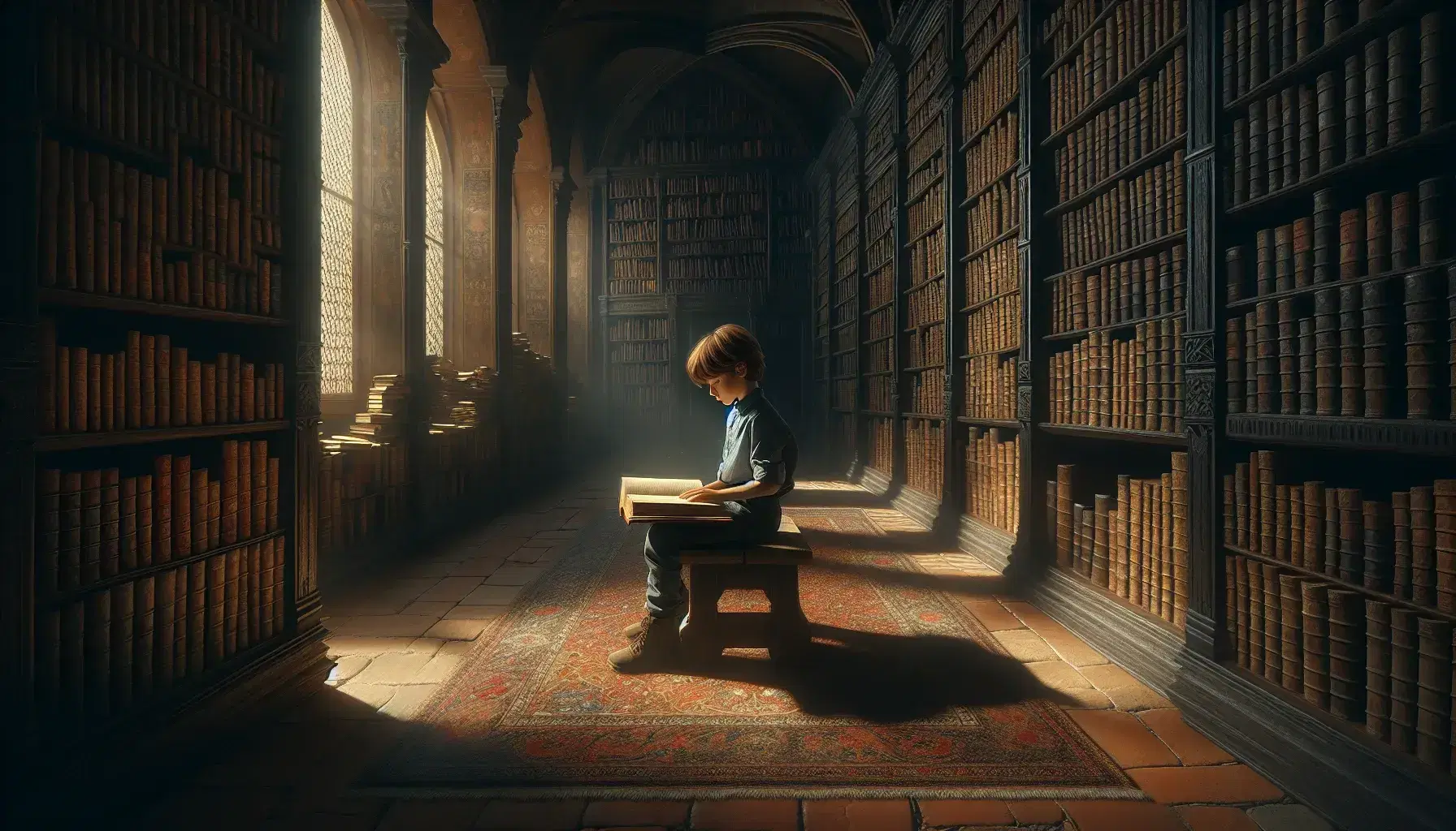 Ragazzo intento a leggere un libro antico su una panchina in biblioteca storica, con luce naturale che filtra da una finestra ad arco.