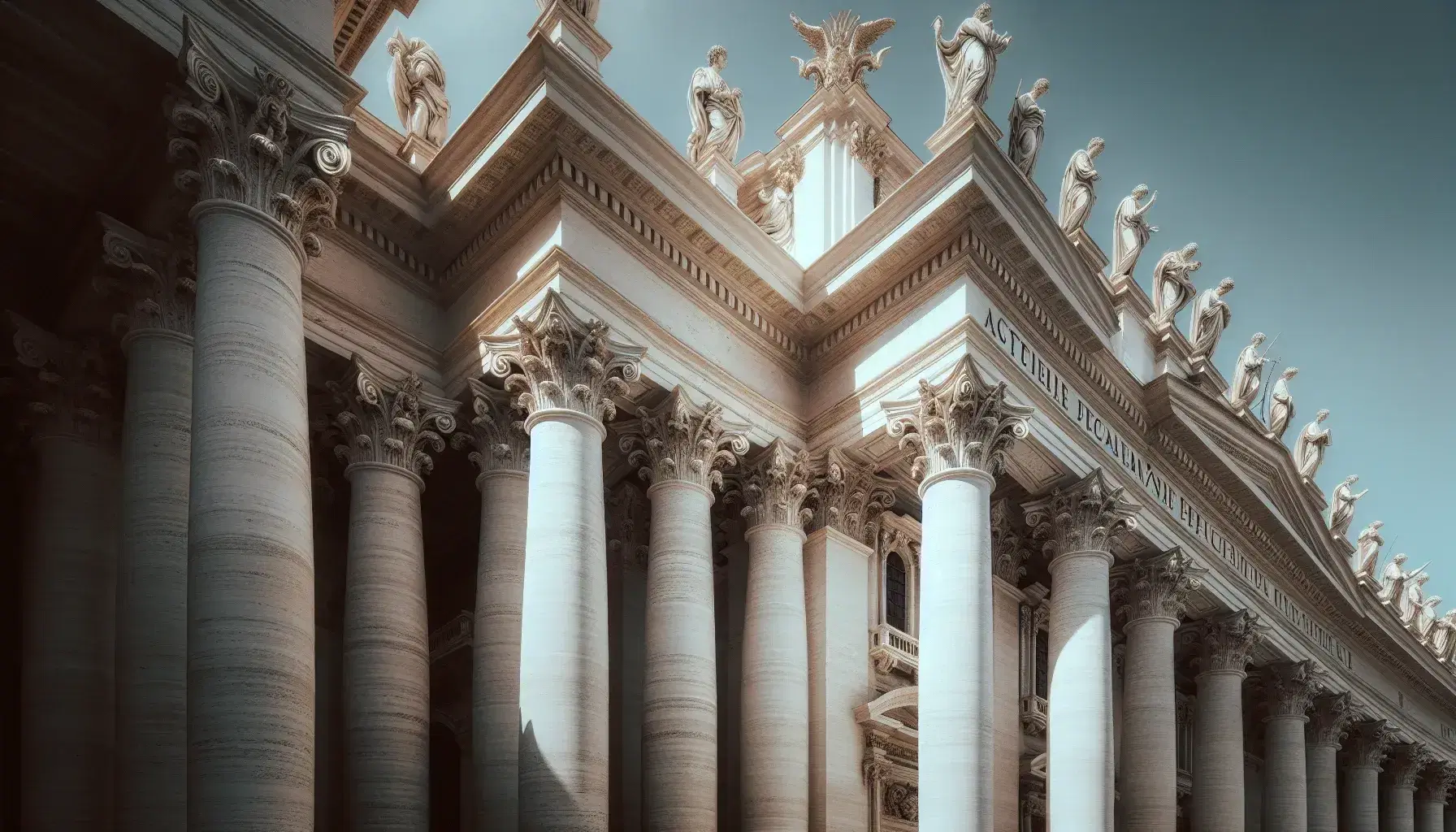 Fachada de la Basílica de San Pedro en el Vaticano con columnas corintias y estatuas de mármol sobre cornisa en un cielo azul claro.