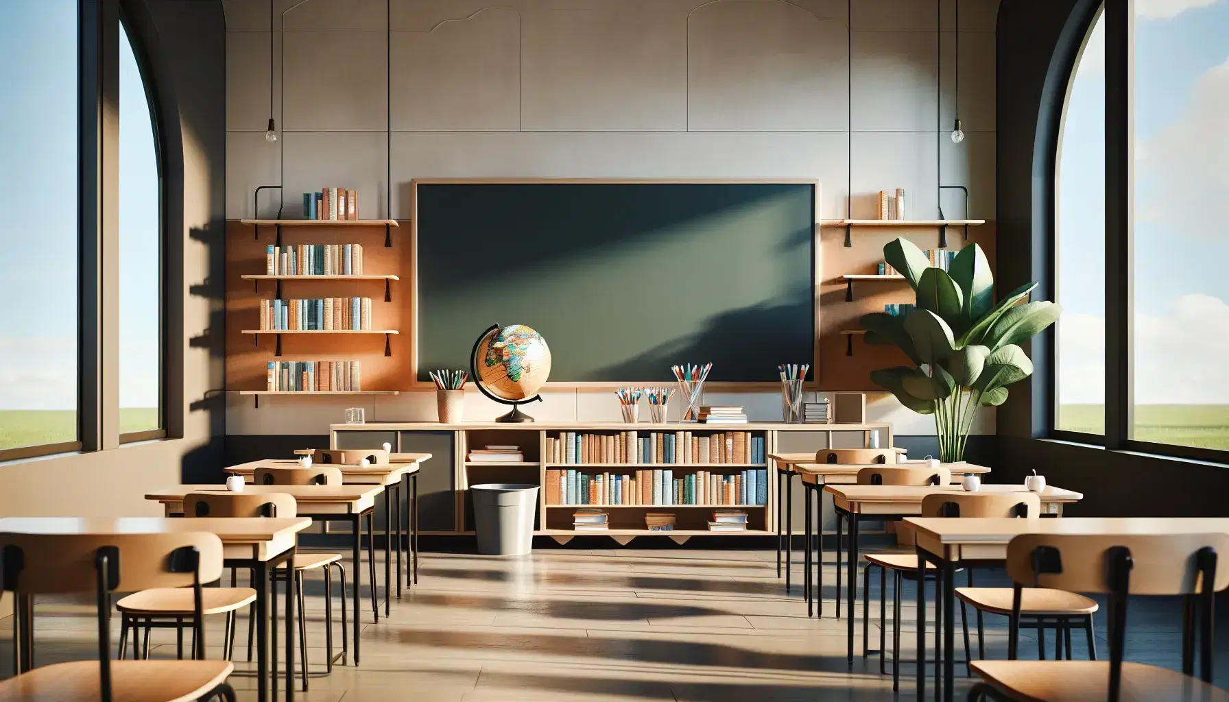 Aula luminosa con filas de pupitres de madera, pizarra negra central, escritorio de profesor con marcadores, planta decorativa, estantería con libros y globo terráqueo.