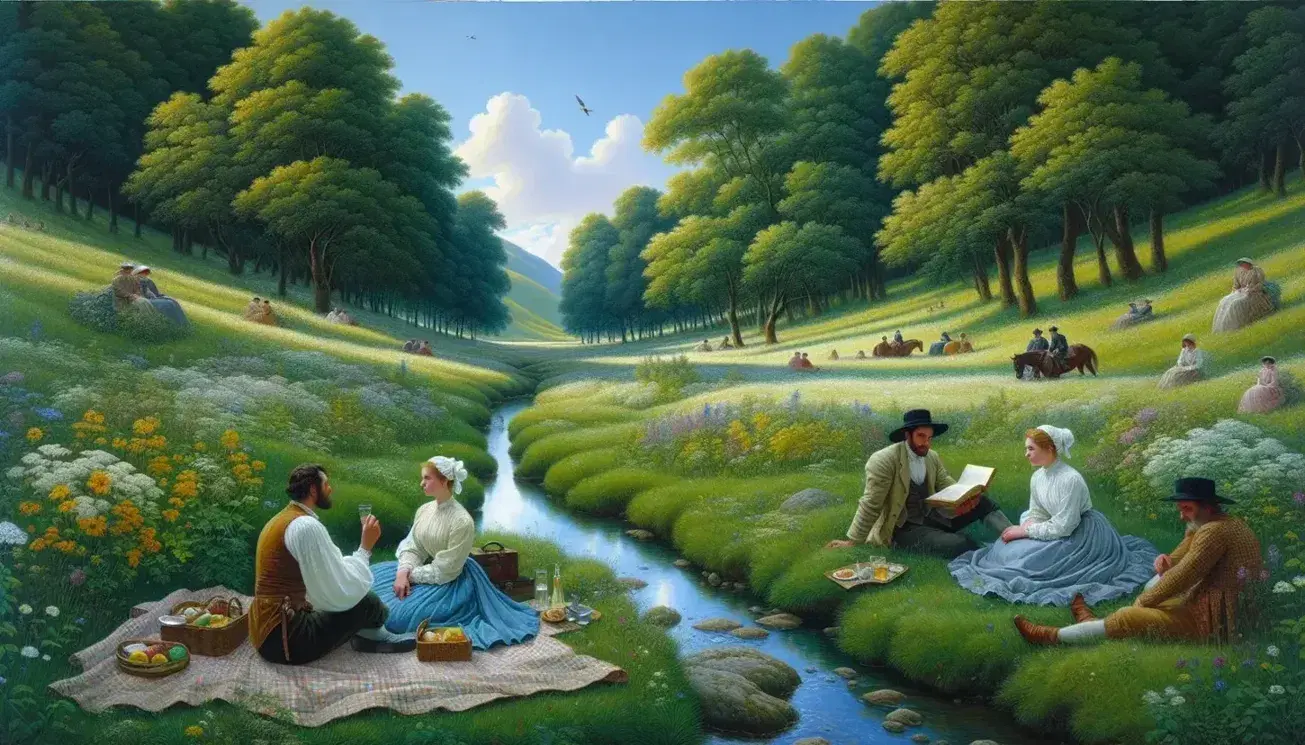 Pastoral landscape with a meadow, stream, and three Georgian-era poets discussing on a picnic blanket, under a sky with fluffy clouds.