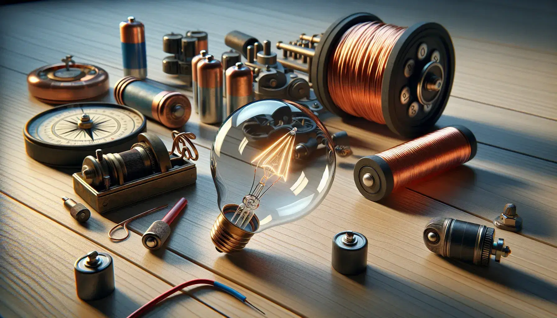 Bombilla incandescente apagada, brújula antigua, motor eléctrico y bobina de cobre sobre superficie de madera clara con baterías cilíndricas en primer plano.