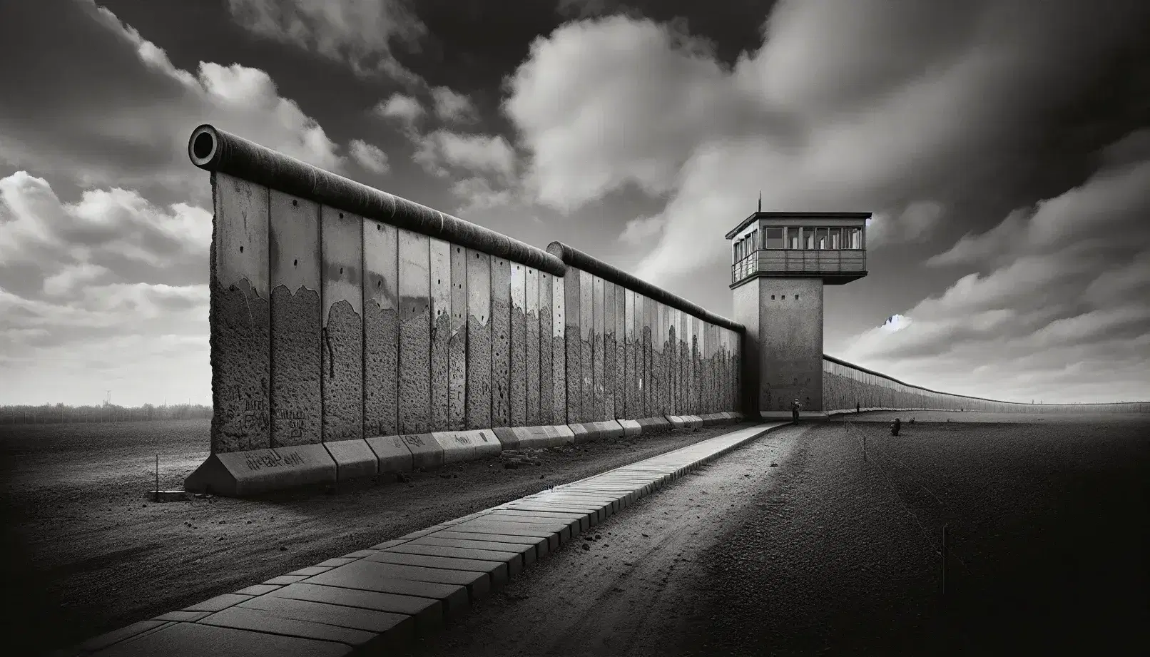 Black-and-white photo capturing the Berlin Wall with a guard tower, anti-climb pipe on top, and a desolate no-man's land under an overcast sky.