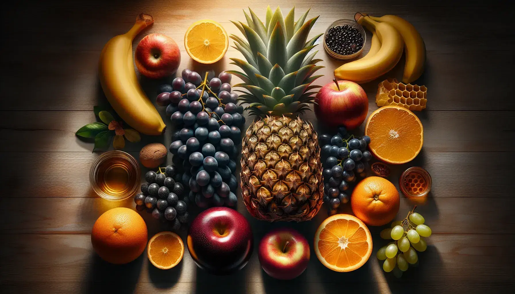 Variedad de frutas frescas y miel sobre superficie de madera, destacando piña, uvas moradas, manzana roja, rodajas de naranja, banana madura y panal de miel.