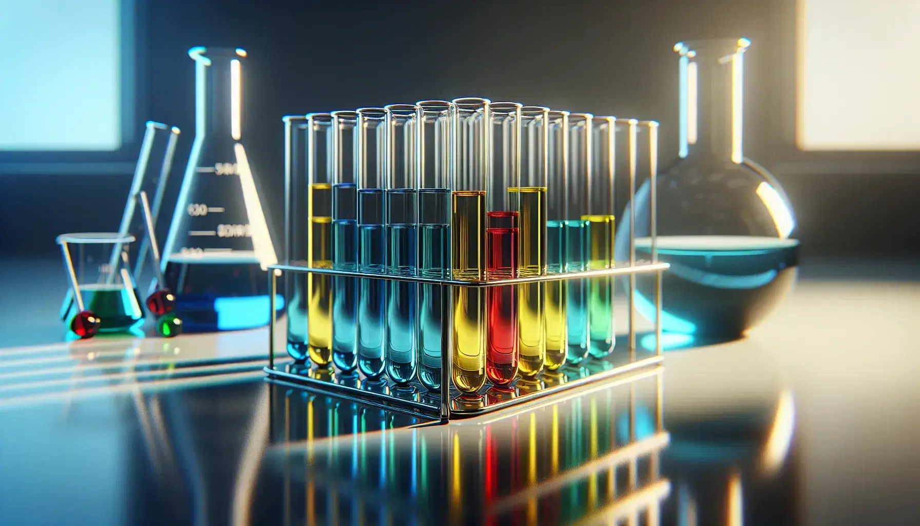 Tubos de ensayo de vidrio con líquidos de colores azul, amarillo, rojo y verde en fila sobre superficie blanca, con matraz Erlenmeyer y fondo de laboratorio desenfocado.