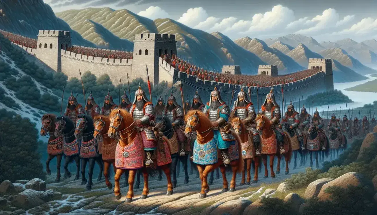 Guerreros mongoles a caballo con armaduras tradicionales frente a la Gran Muralla China en un paisaje montañoso bajo cielo azul.
