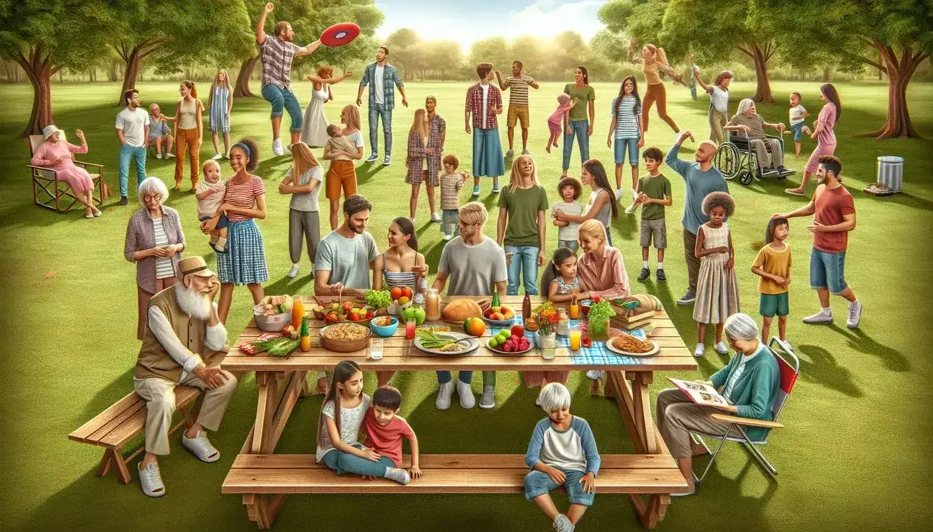 Grupo diverso disfrutando de un picnic en un parque soleado con comida en la mesa, anciano leyendo a niño y adolescentes jugando con disco volador.