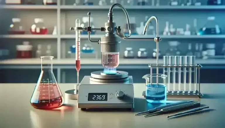 Laboratorio científico con termómetros, beaker, cilindro graduado y mechero calentando un Erlenmeyer con líquido azul.