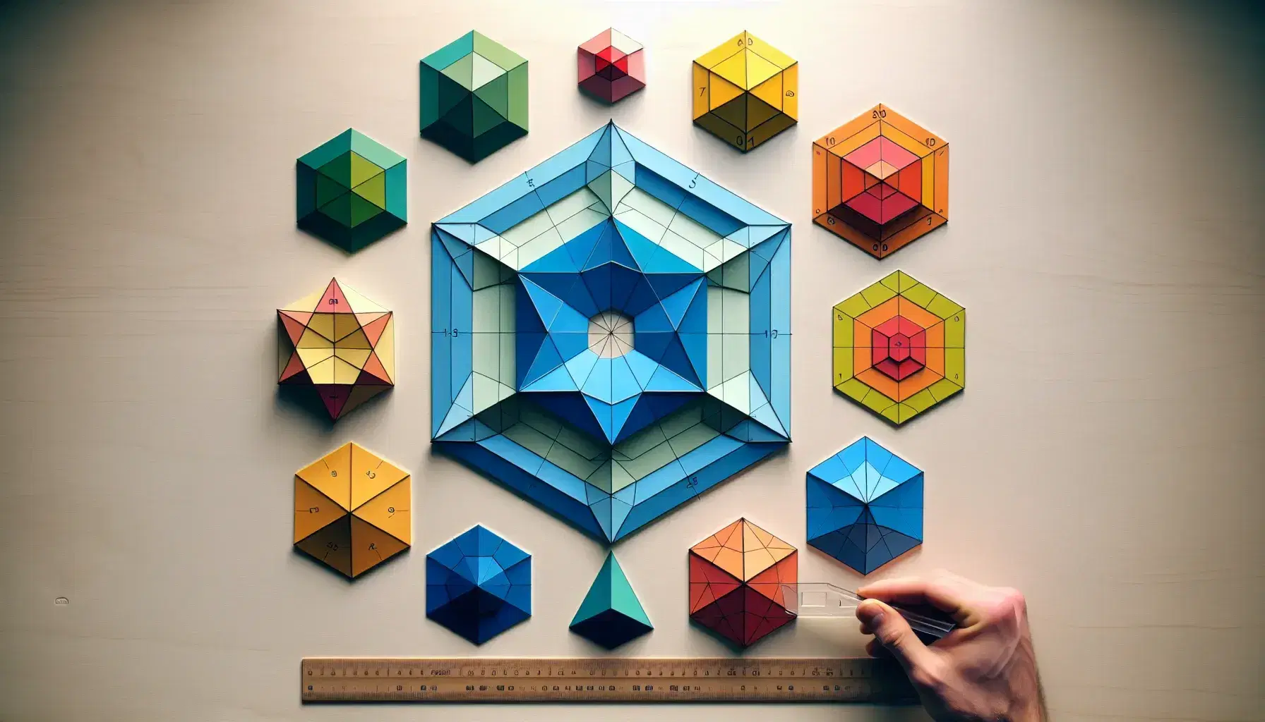 Poligoni colorati su sfondo neutro con pentagono blu centrale, circondato da triangolo verde, quadrato rosso, esagono giallo e ottagono arancione.