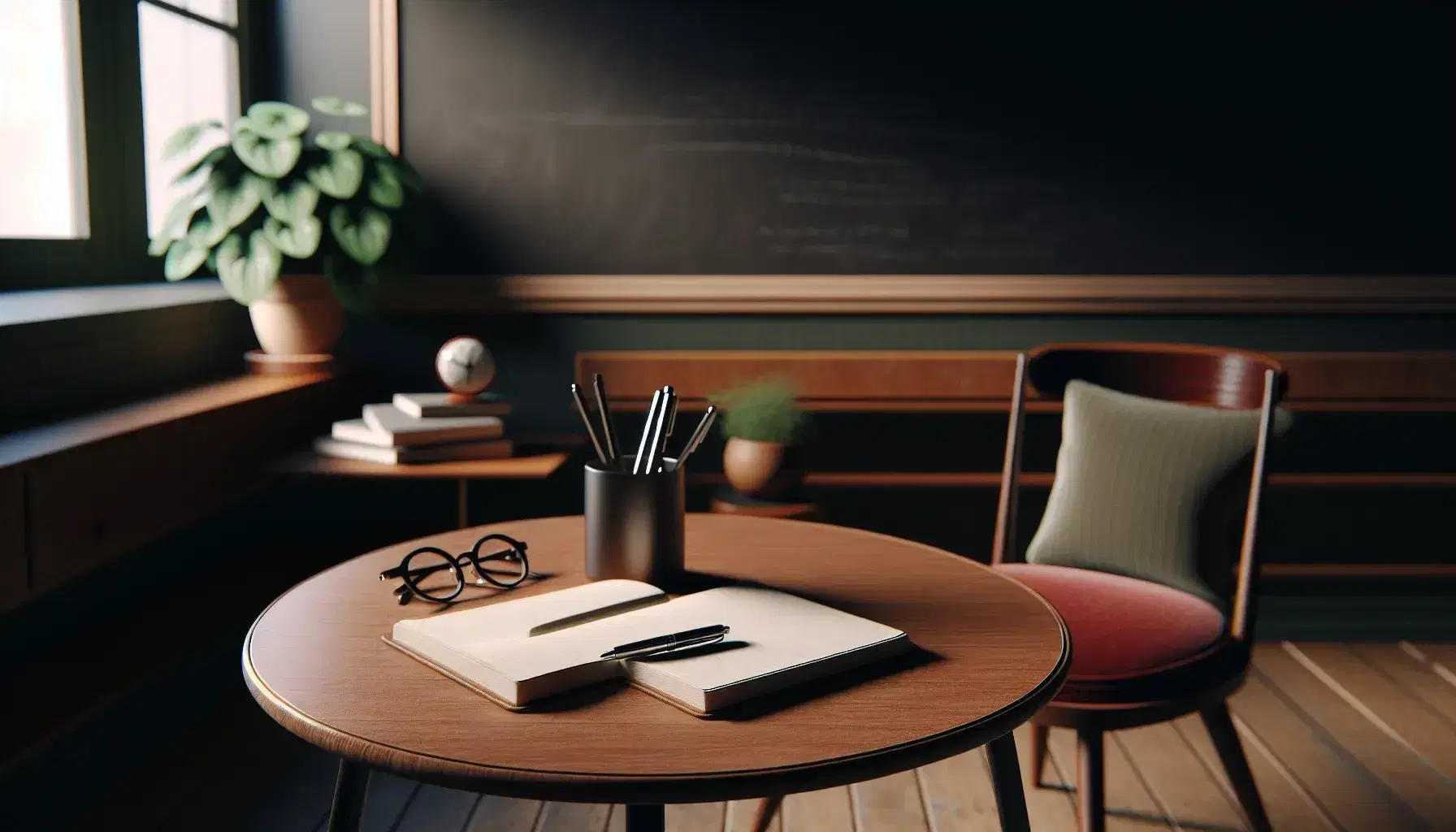 Cozy classroom with a round wooden table holding a notebook, pen, and glasses, a red-cushioned chair, and a chalkboard with a potted plant beside it.